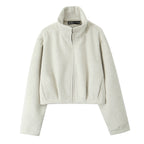 Women Boxy Fleece Jacket with Stand-up Collar and Concealed Zipper Fashion Glam