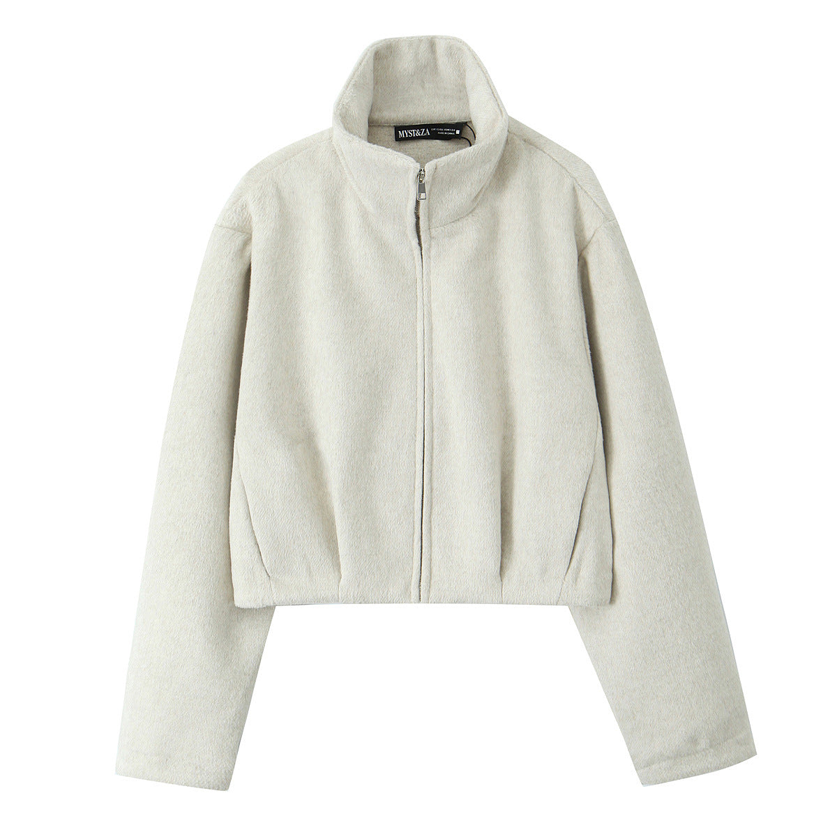 Women Boxy Fleece Jacket with Stand-up Collar and Concealed Zipper Fashion Glam