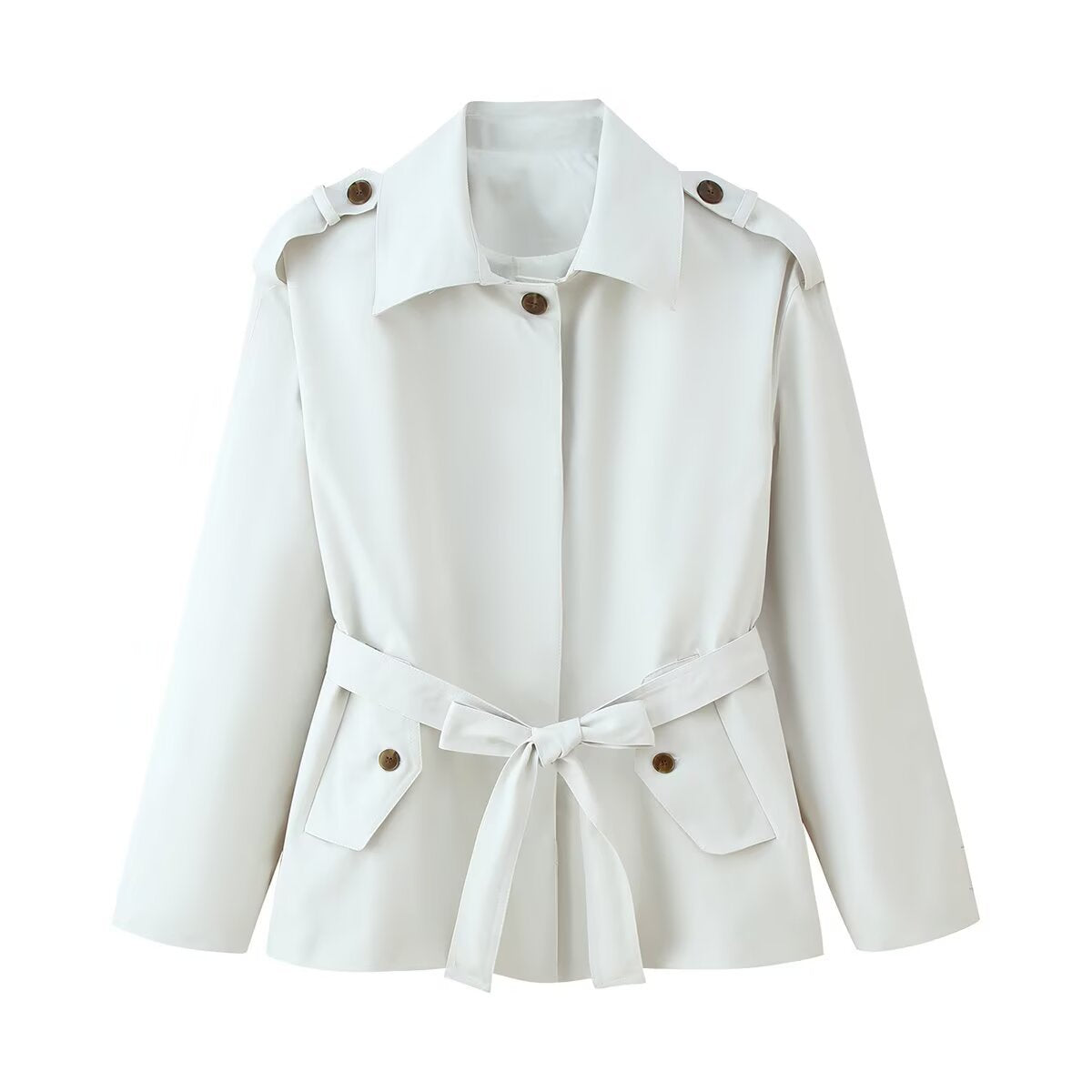 Women's short trench coat with waist belt, shoulder flaps, and patch pockets Fashion Glam