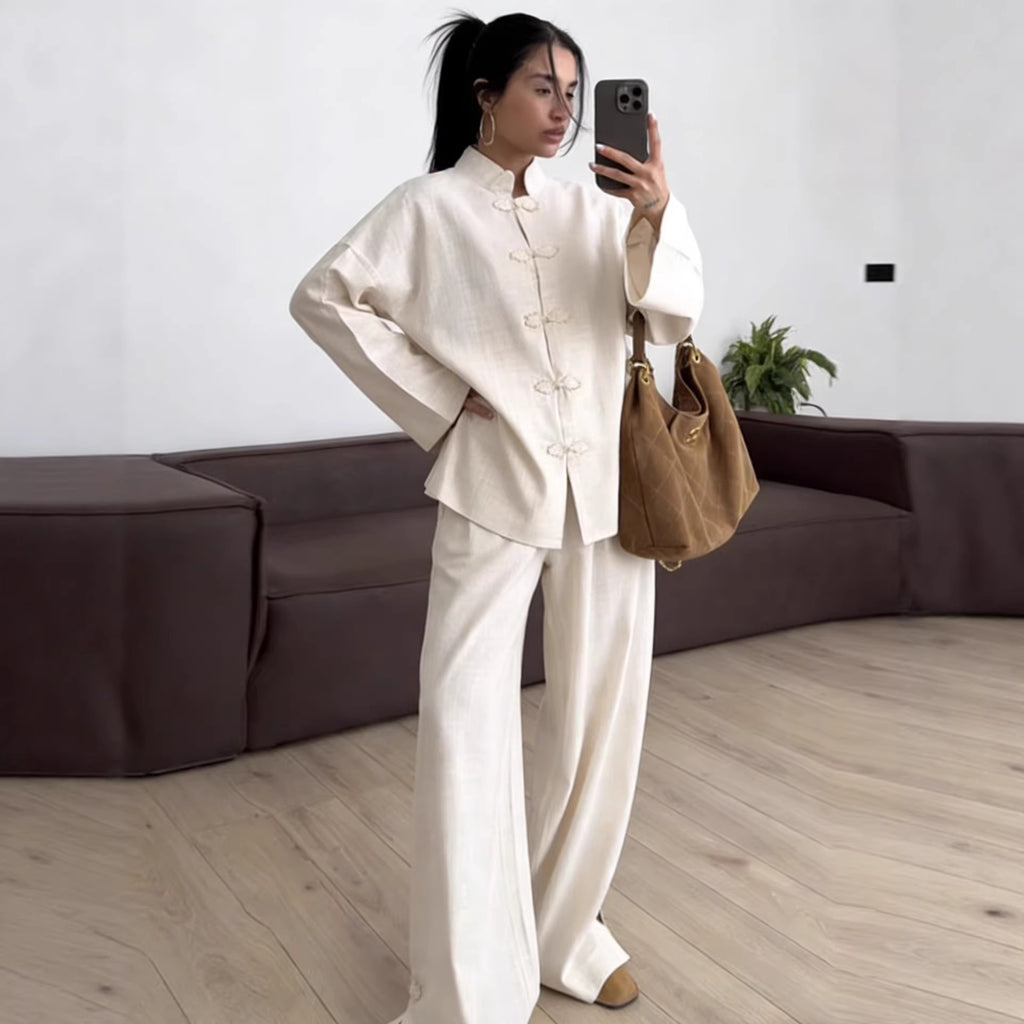 Women's Oversized Chinese Collar Blouse with Traditional Knot Closures and Wide Sleeves Fashion Glam