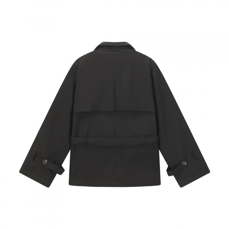 Unisex Short Double Blouson Trench Coat with Waist Belt and Boxy Silhouette Fashion Glam