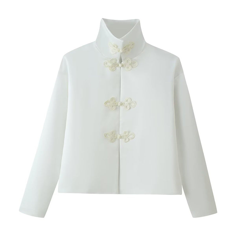 Women's short jacket with stand-up collar and decorative knot closures in Mandarin style Fashion Glam