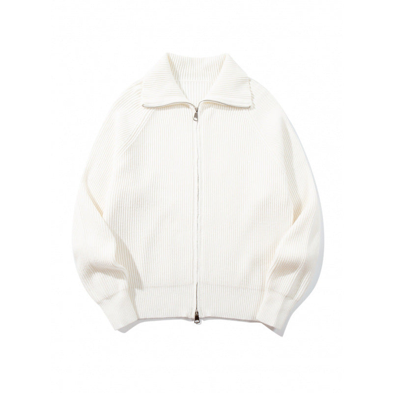 Unisex Ribbed Zip Cardigan with Stand-Up Collar, Raglan Sleeves and Two-Way Zipper Fashion Glam