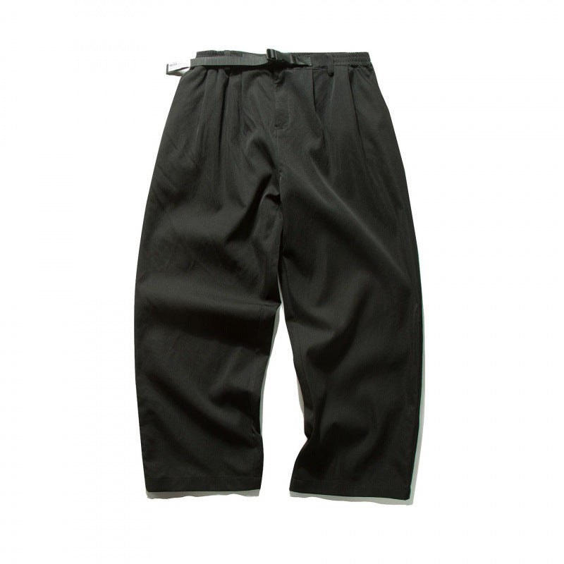 Men's Wide Cut Relaxed Pants with Elastic Waistband, Pleats and Integrated Woven Belt Fashion Glam