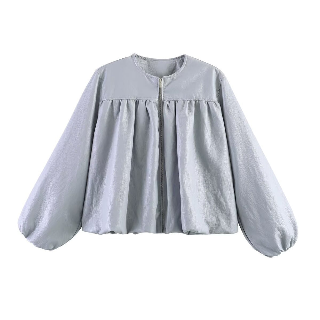 Women's short jacket with ruched yoke, round neck and balloon sleeves Fashion Glam
