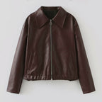 Women Short Oversized Leather Look Jacket with Zipper, Hem Band and Kent Collar Fashion Glam