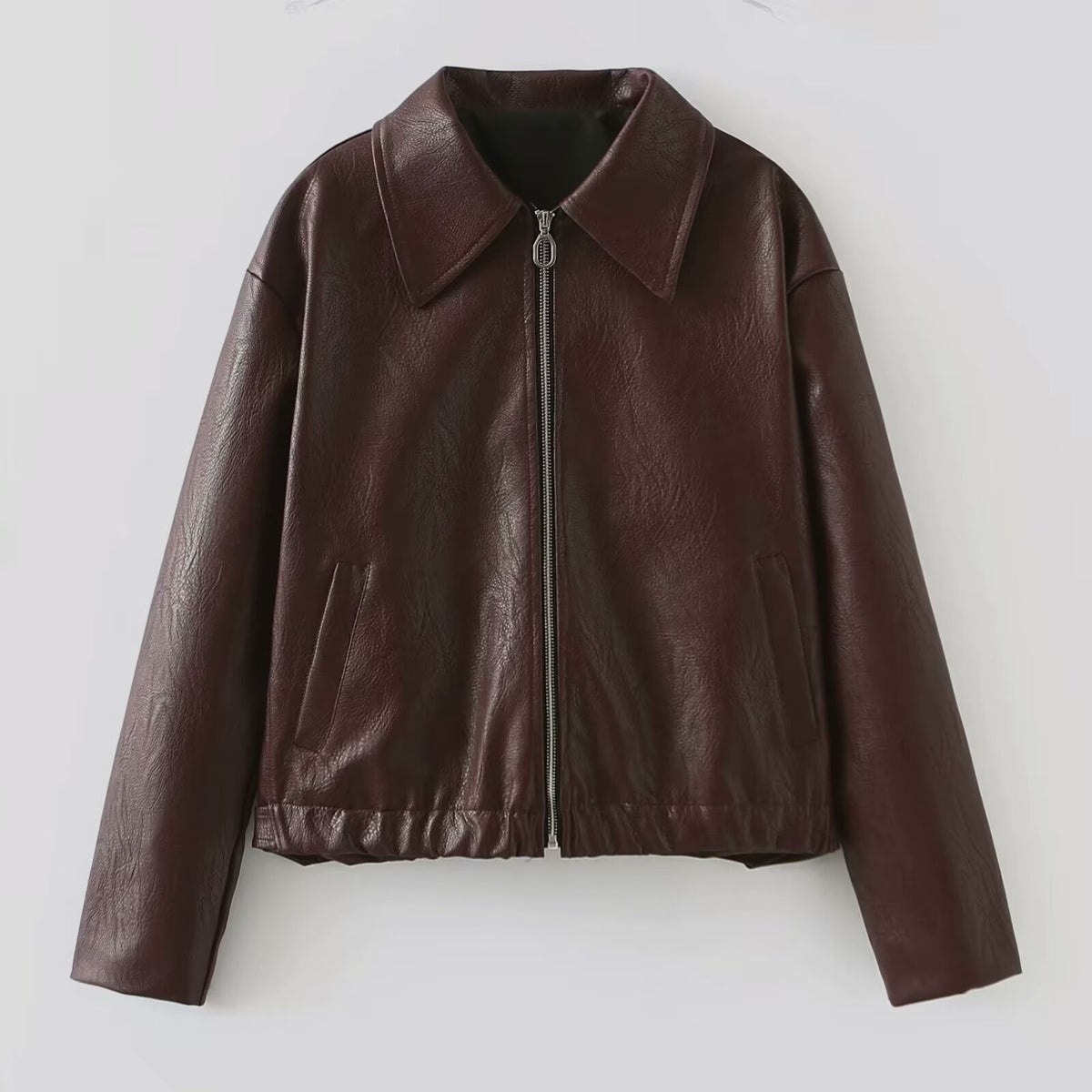 Women Short Oversized Leather Look Jacket with Zipper, Hem Band and Kent Collar Fashion Glam