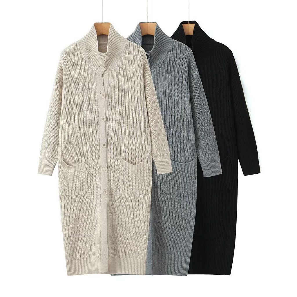 Women Long Chunky Knit Cardigan with Shawl Collar, Button Placket and Patch Pockets Fashion Glam