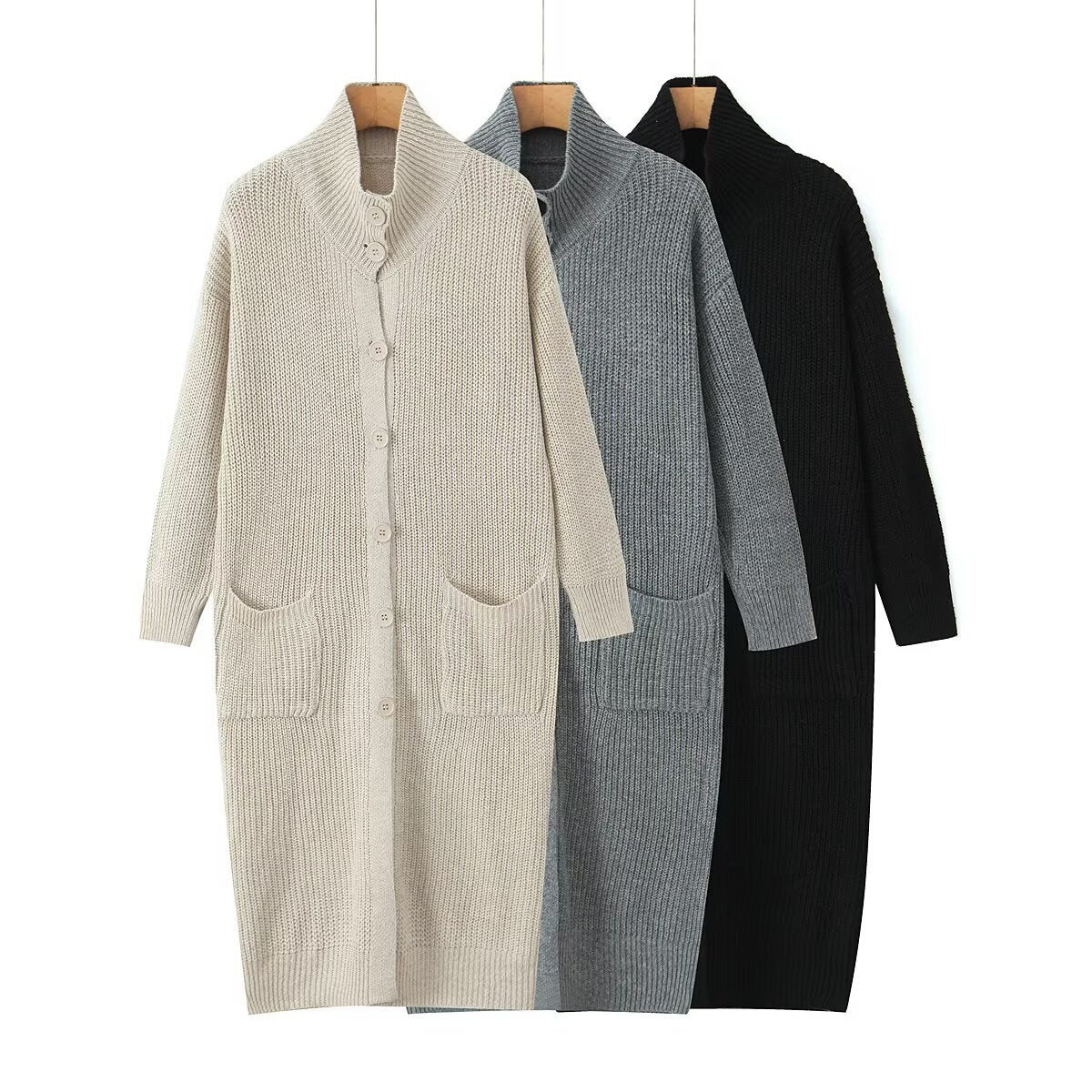 Women Long Chunky Knit Cardigan with Shawl Collar, Button Placket and Patch Pockets Fashion Glam