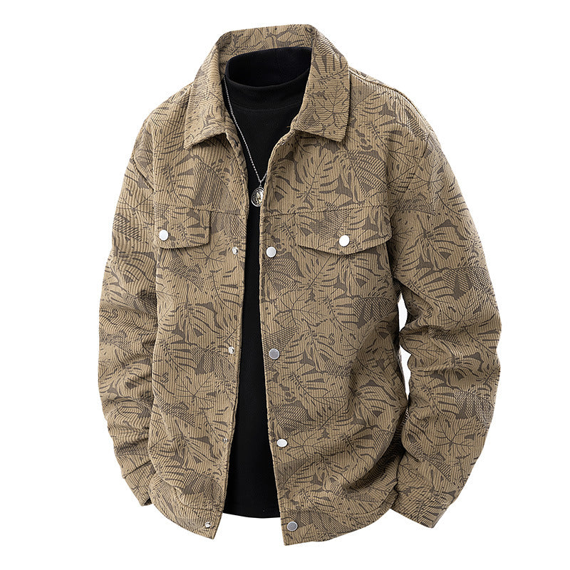 Men's corduroy trucker jacket with jacquard leaf pattern and snap button placket Fashion Glam
