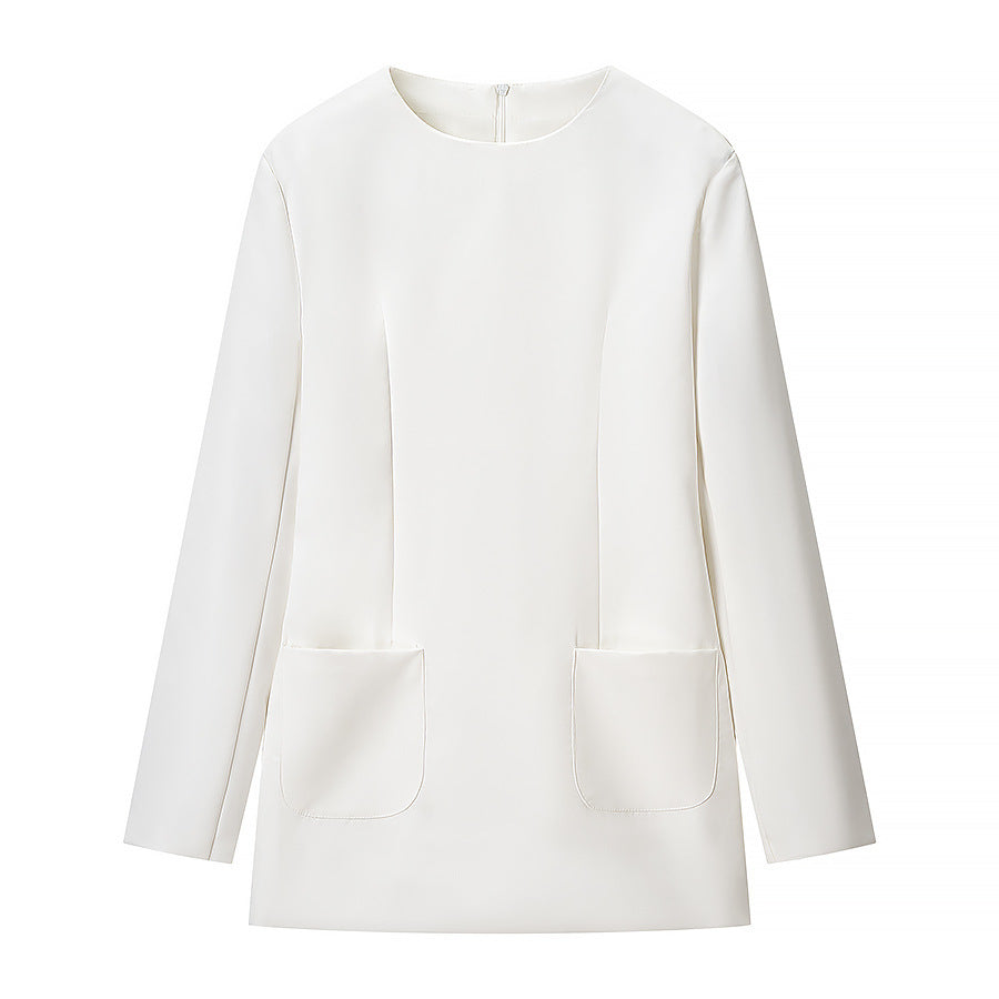 Women's short-cut shift dress with long sleeves and patch pockets Fashion Glam
