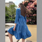 Women's button-down shirt dress made of denim with a waist-defining elastic band, button placket & tiered skirt Fashion Glam