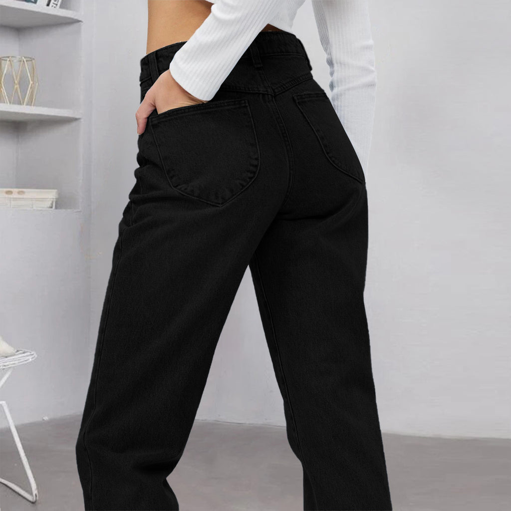 Women high-waisted straight-cut jeans made of rigid denim with raw hem Fashion Glam