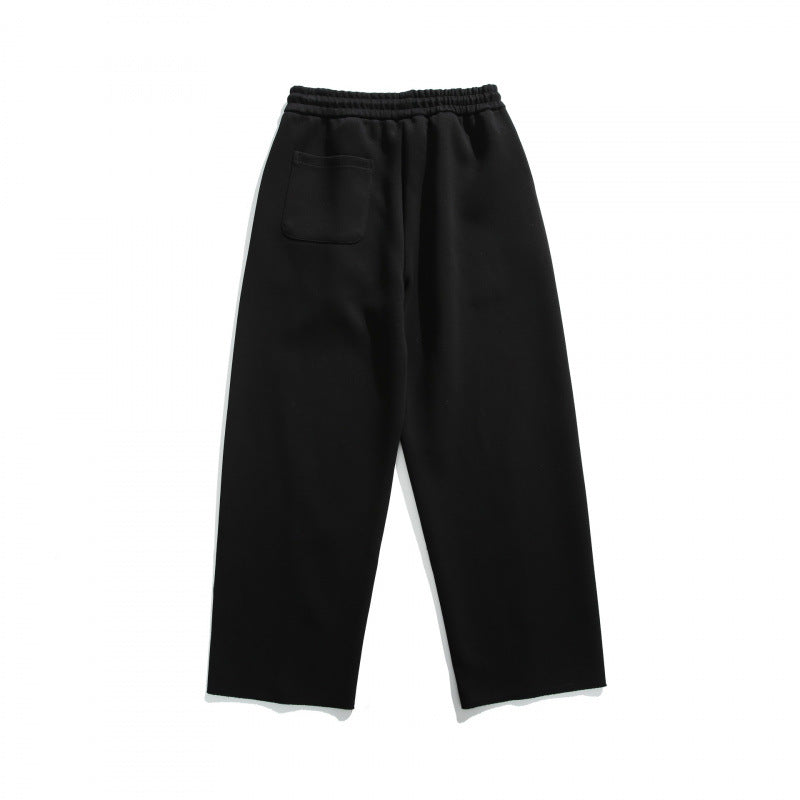 Unisex Loose Cotton Fleece Jogging Pants with Drawstring, Decorative Front Seams and Raw Hem Fashion Glam