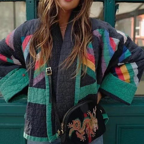 Women's padded kimono quilted jacket with patchwork design and wide sleeves Fashion Glam