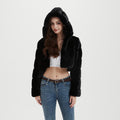 Women's Cropped Faux Fur Jacket with Quilted Panel Design and Hood Fashion Glam