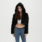 Women's Cropped Faux Fur Jacket with Quilted Panel Design and Hood Fashion Glam