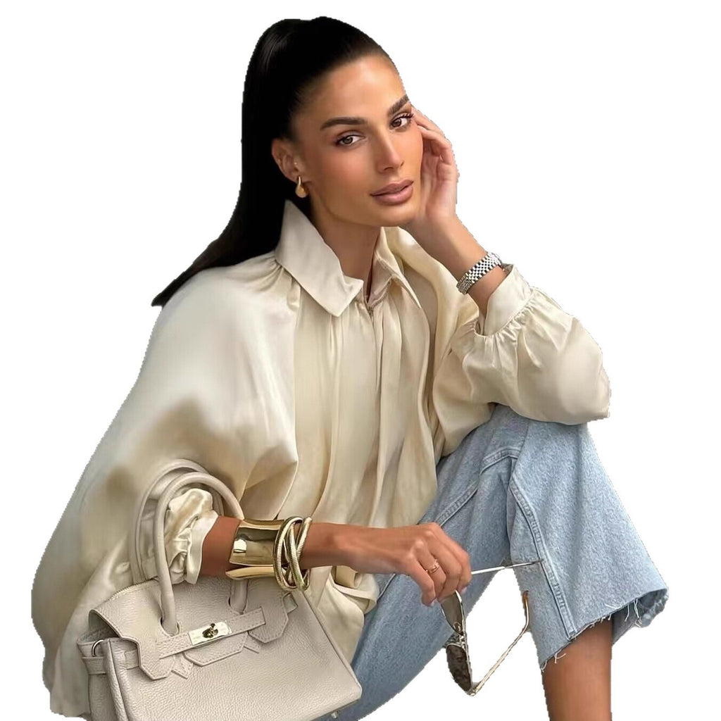 Women's wide pleated cape blouse with standing collar and concealed zipper Fashion Glam
