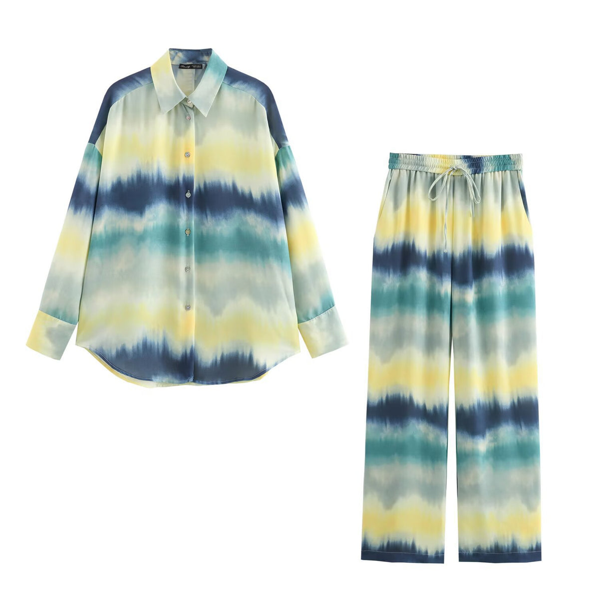 Women's Wide Palazzo Lounge Pants with Elastic Waistband, Drawstring and Watercolor Print Fashion Glam