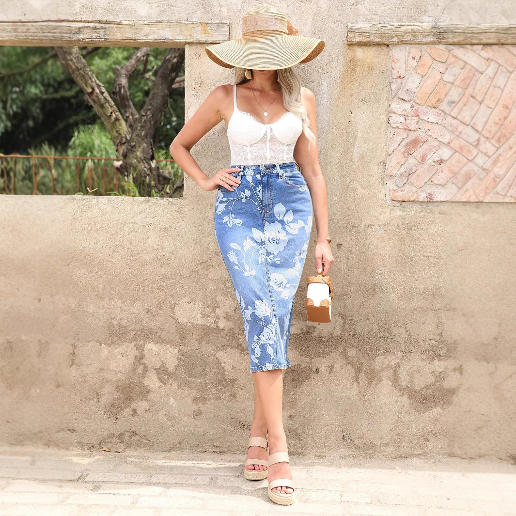 Women's high-waisted floral denim pencil skirt (Midi) Fashion Glam
