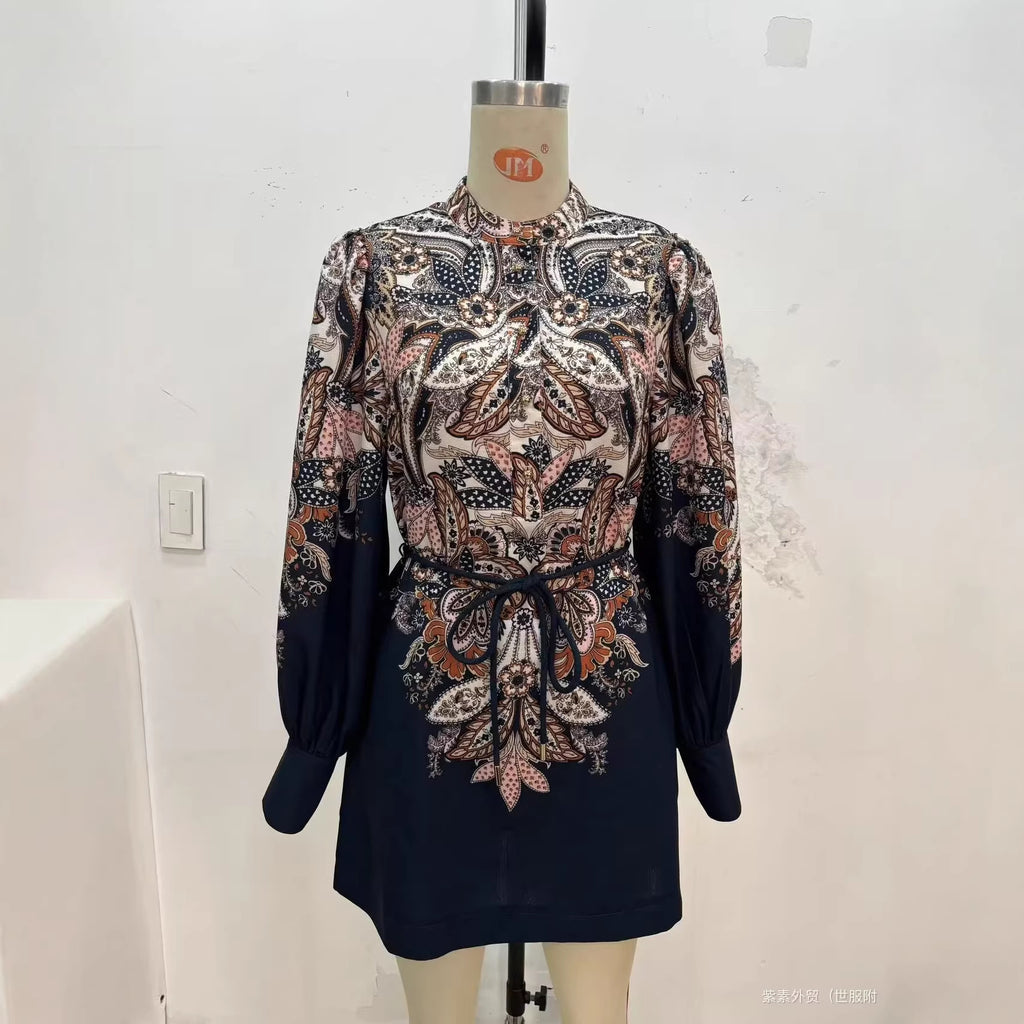Women's Patterned Tunic Dress with Ties, Stand Collar and Balloon Sleeves Fashion Glam