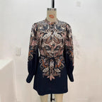 Women's Patterned Tunic Dress with Ties, Stand Collar and Balloon Sleeves Fashion Glam