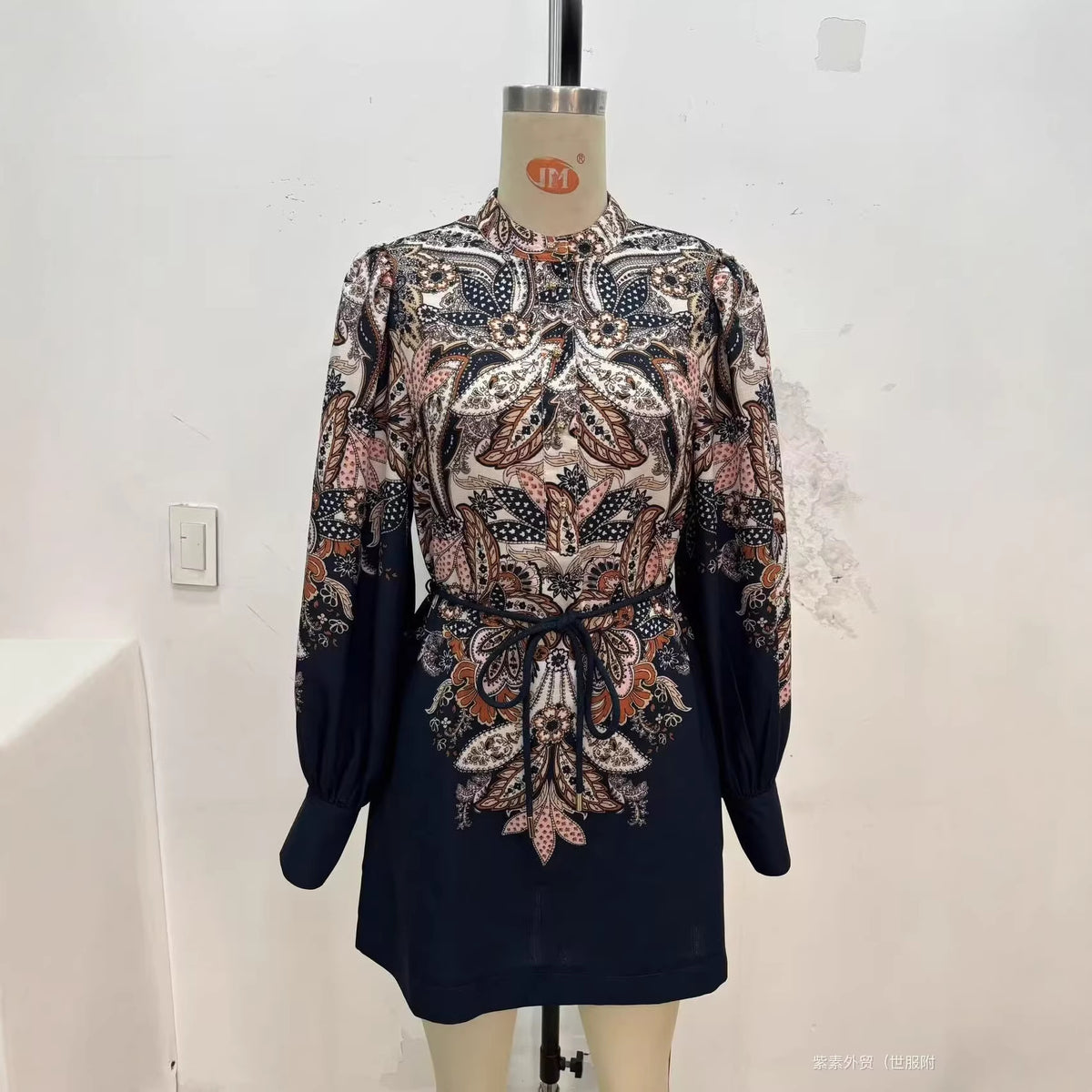 Women's Patterned Tunic Dress with Ties, Stand Collar and Balloon Sleeves Fashion Glam