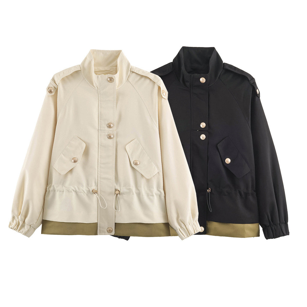 Women's lightweight utility jacket with drawstring waist gathering, stand-up collar, and flap pockets Fashion Glam