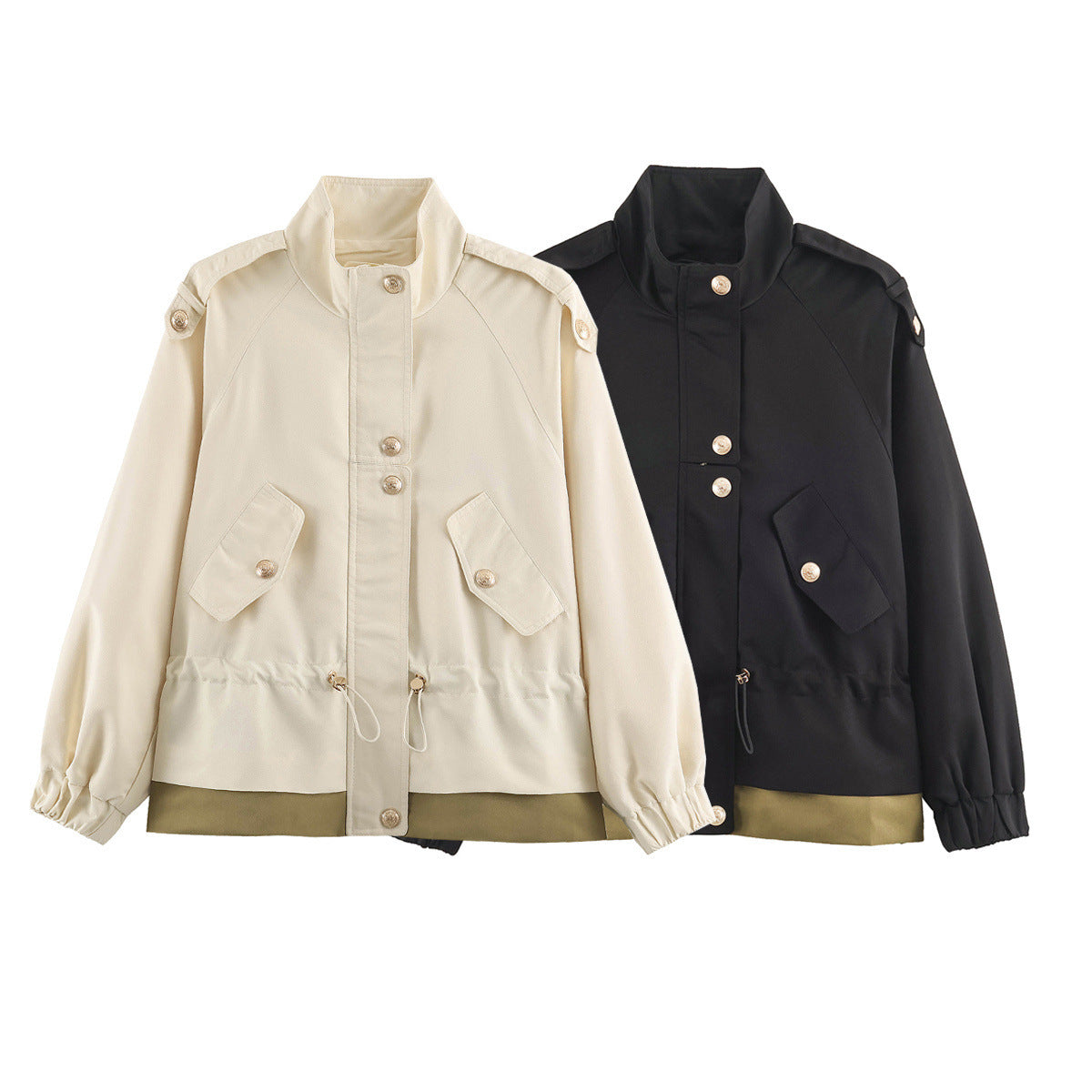 Women's lightweight utility jacket with drawstring waist gathering, stand-up collar, and flap pockets Fashion Glam
