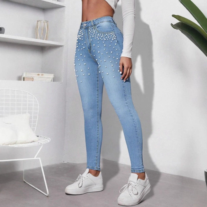 Ladies High-Waist Skinny Jeans with decorative pearl cluster and sculpting cut Fashion Glam