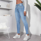 Ladies High-Waist Skinny Jeans with decorative pearl cluster and sculpting cut Fashion Glam