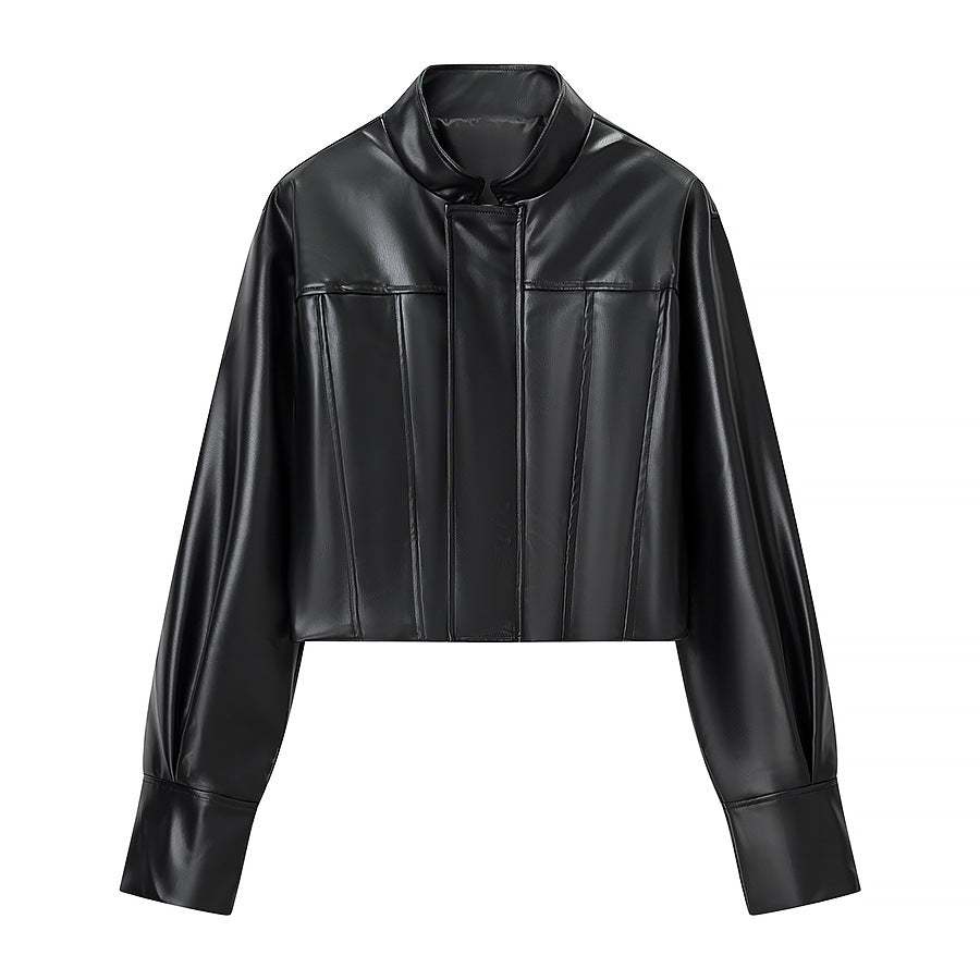 Women's short jacket in biker-bomber style made of vegan leather with a stand-up collar and oversized sleeves Fashion Glam