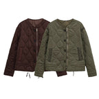 Women quilted transition jacket with zipper and button placket, round neck and drawstring Fashion Glam