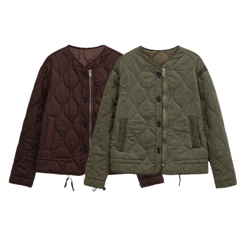 Women quilted transition jacket with zipper and button placket, round neck and drawstring Fashion Glam