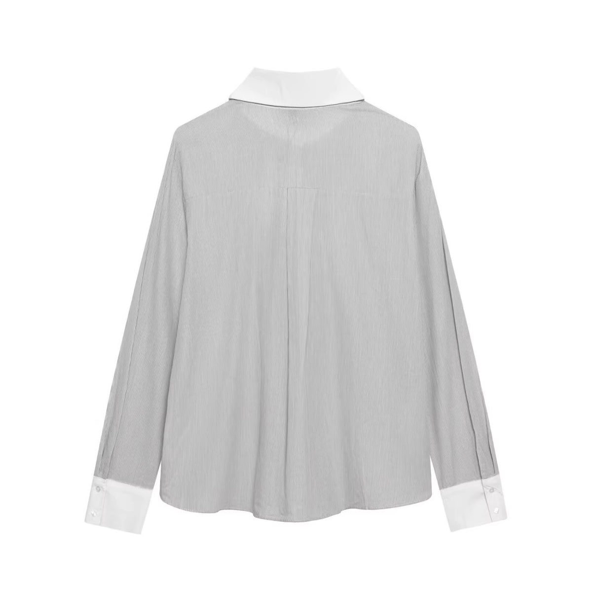 Ladies Striped Blouse with Bow Collar, Ruffle Front and Contrast Cuffs Fashion Glam