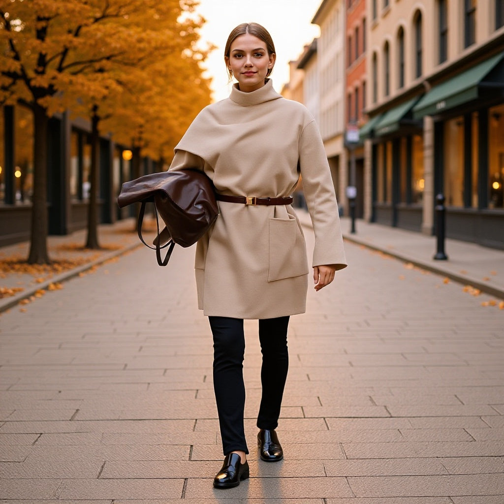 Women's short coat with high roll collar, cape detail, and patch pocket Fashion Glam