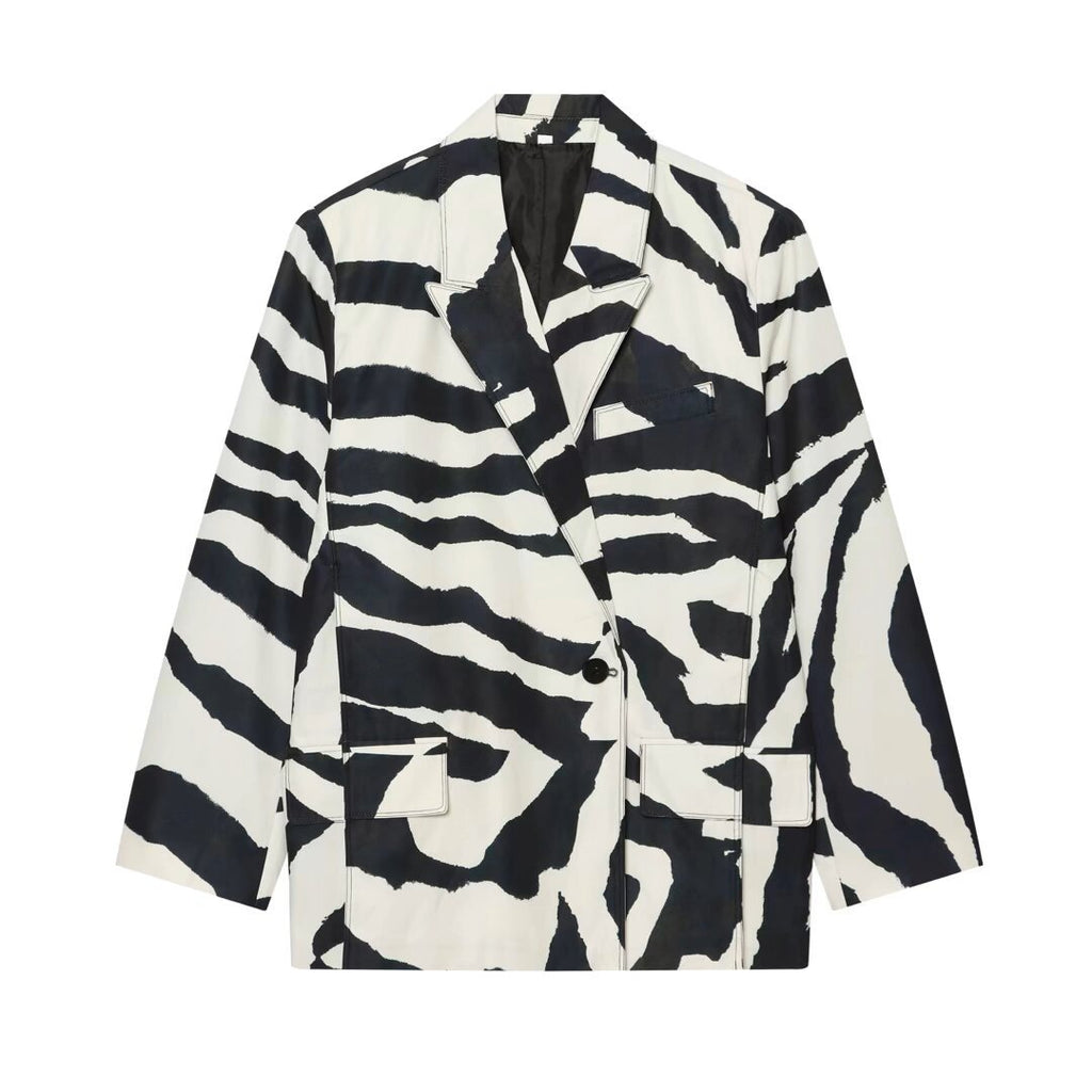 Women's Oversize Blazer with Zebra Print, One Button Closure and Flap Pockets Fashion Glam