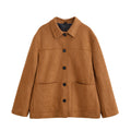 Women's Boxy Utility Jacket in Suede Look with Shirt Collar and Large Patch Pockets Fashion Glam