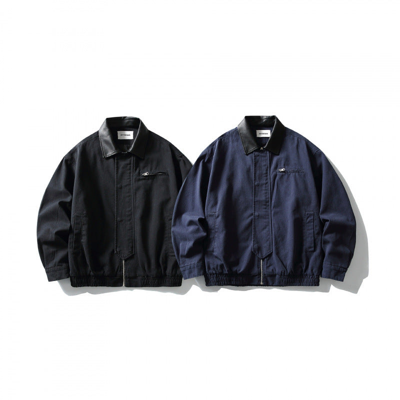 Men's Boxy Worker Jacket with Faux Leather Collar, Full-Length Zipper and Elastic Hem Fashion Glam