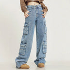 Women's Loose Cargo Denim Jeans with Multiple Flap Pockets and Relaxed Fit Fashion Glam