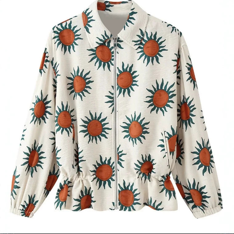 Women's Printed Bomber Jacket with Zipper, Shirt Collar and Waist Drawstring Fashion Glam