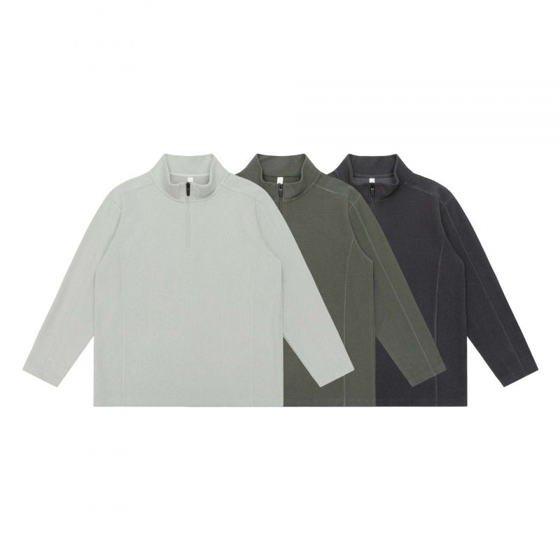 Unisex Textured Half-Zip Knit Sweater in Boxy Cut with Stand-up Collar Fashion Glam
