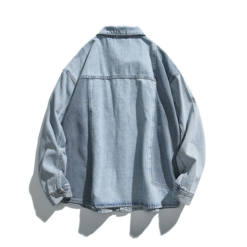 Unisex Oversized Jeans Jacket with Contrasting Woven Panels and Snap Button Closure Fashion Glam