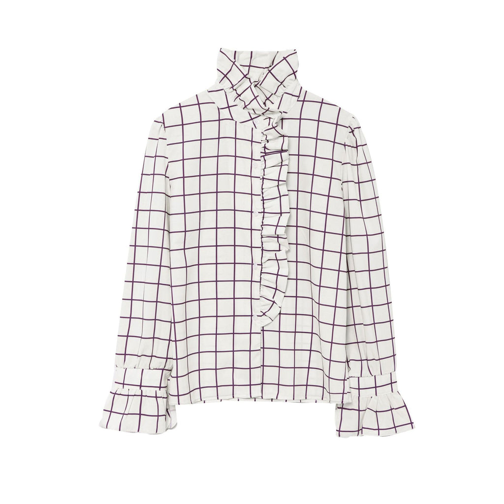Women's Striped Ruffle Blouse with Stand-Up Collar and Flounce Cuffs Fashion Glam