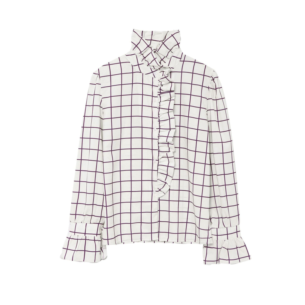 Women's Striped Ruffle Blouse with Stand-Up Collar and Flounce Cuffs Fashion Glam
