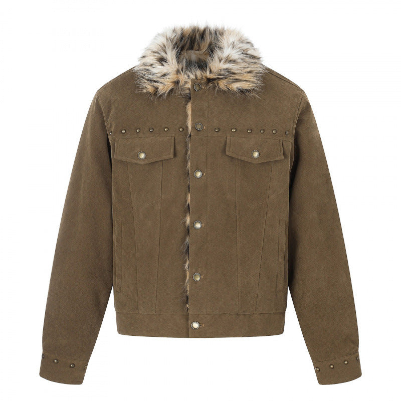 Men's short jacket made of suede leather imitation with faux fur collar and stud details Fashion Glam
