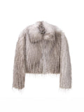 Women short-cut faux fur jacket with striped high-pile texture and notched collar Fashion Glam