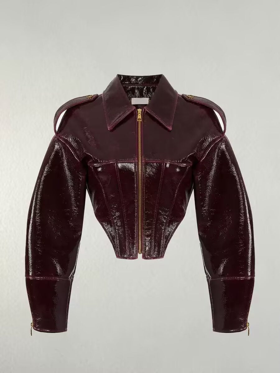 women's short-cut faux patent leather blouson with tailored corset cut Fashion Glam