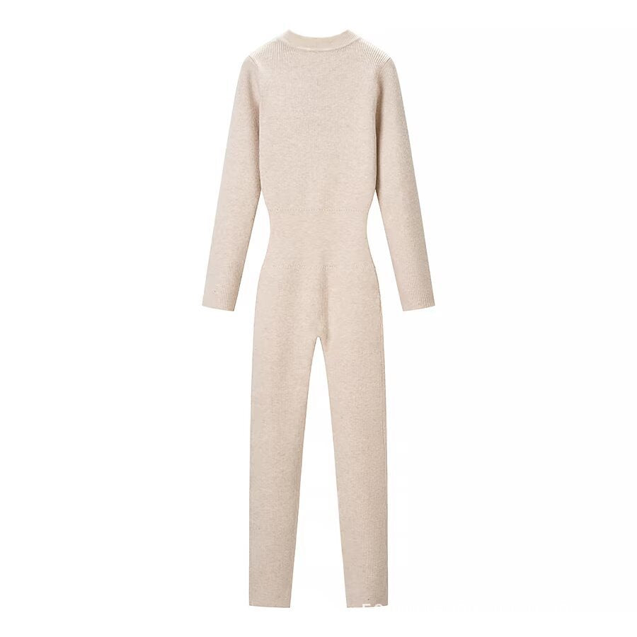 Ladies Body-Con Knitted Jumpsuit with Zipper and Stand Collar Fashion Glam