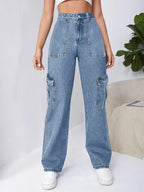 Women High-Waisted Cargo Wide Jeans with Patch Pockets and Elastic Hem Fashion Glam